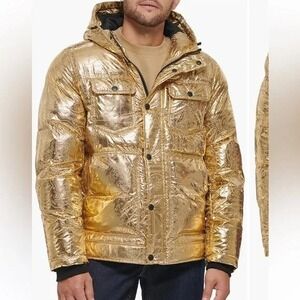 Levi's Puffer Jacket Men's XXL Gold Paisley Quilted Hooded Down Insulated